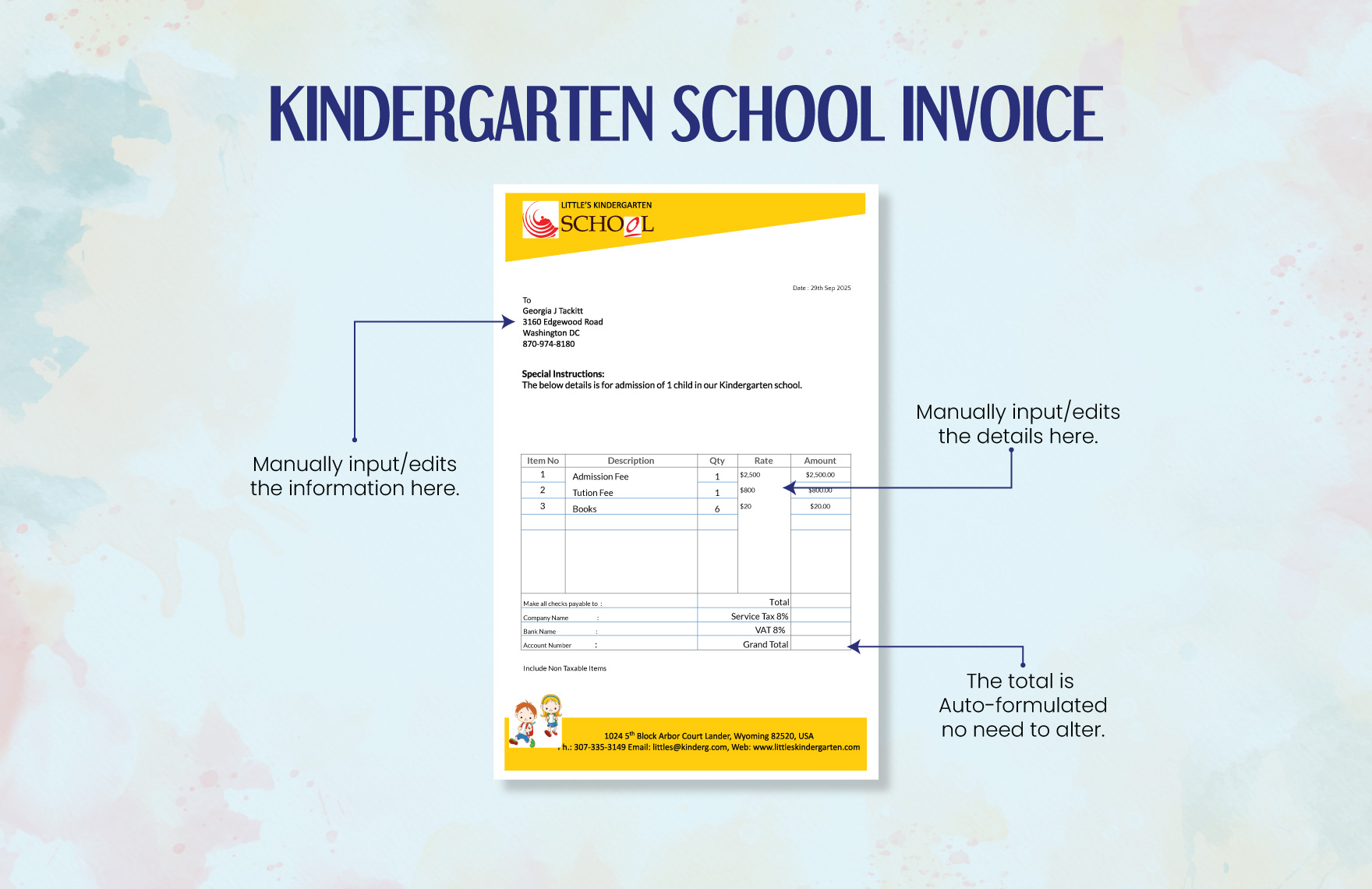 Kindergarten School Invoice Template