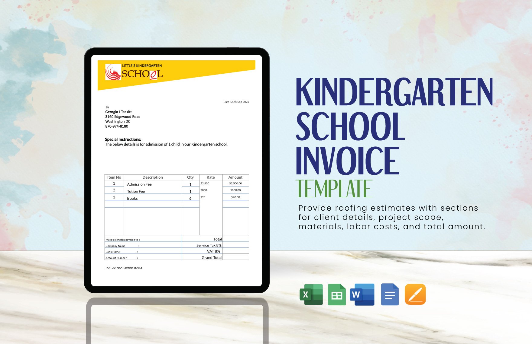 Kindergarten School Invoice Template