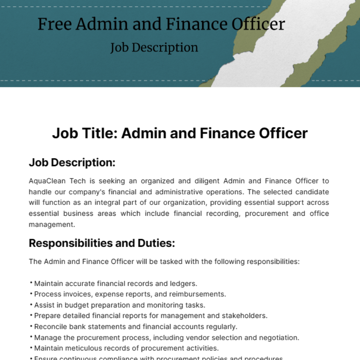 Admin and Finance Officer Job Description Template
