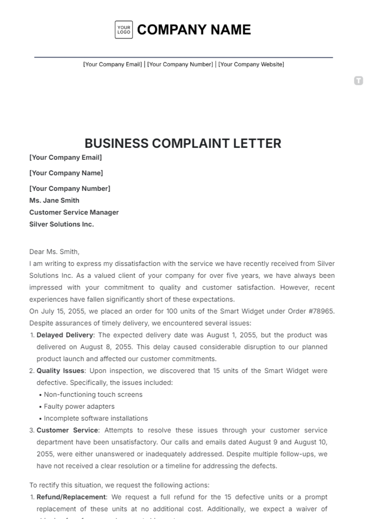 Business Complaint Letter Template