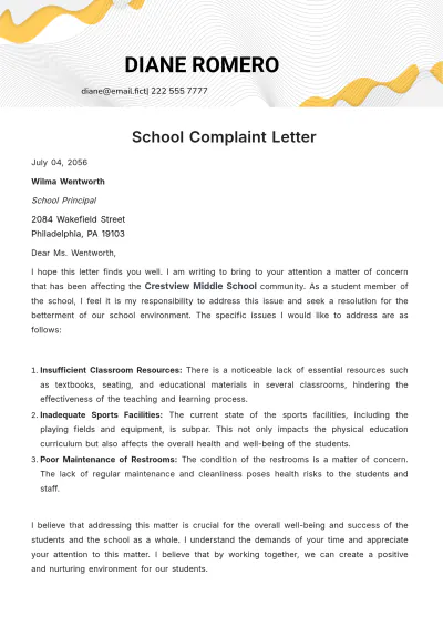 Free School Complaint Letter Template to Edit Online