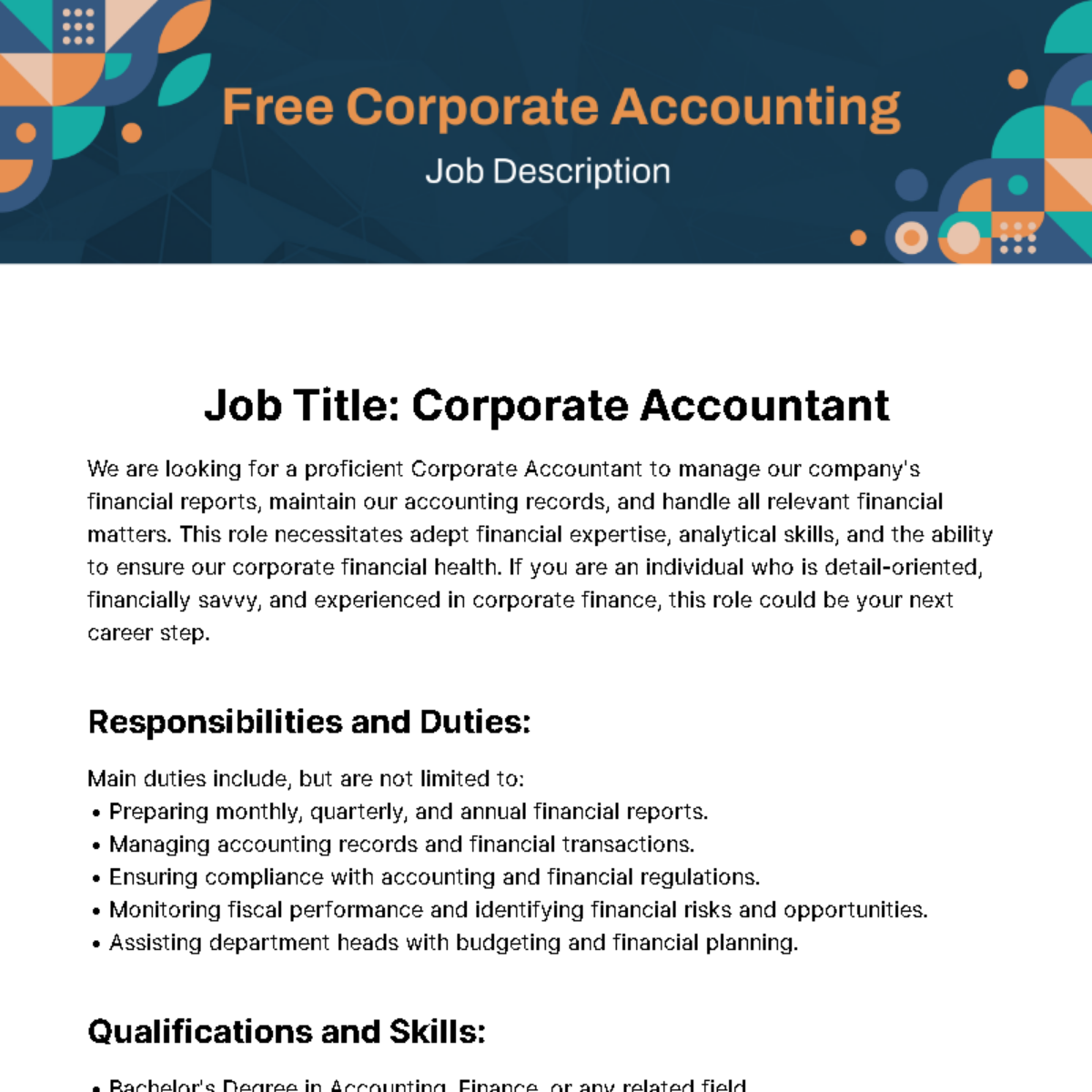 Corporate Accounting Job Description Template