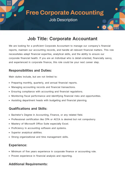 Free Corporate Accounting Job Description Template to Edit Online