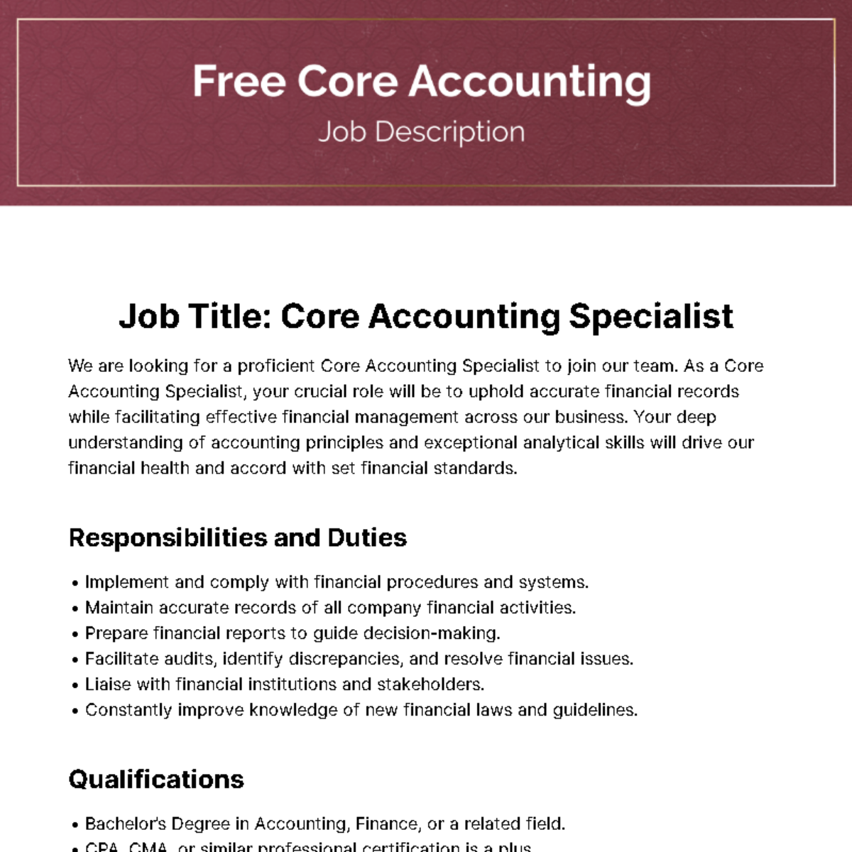 Core Accounting Job Description Template