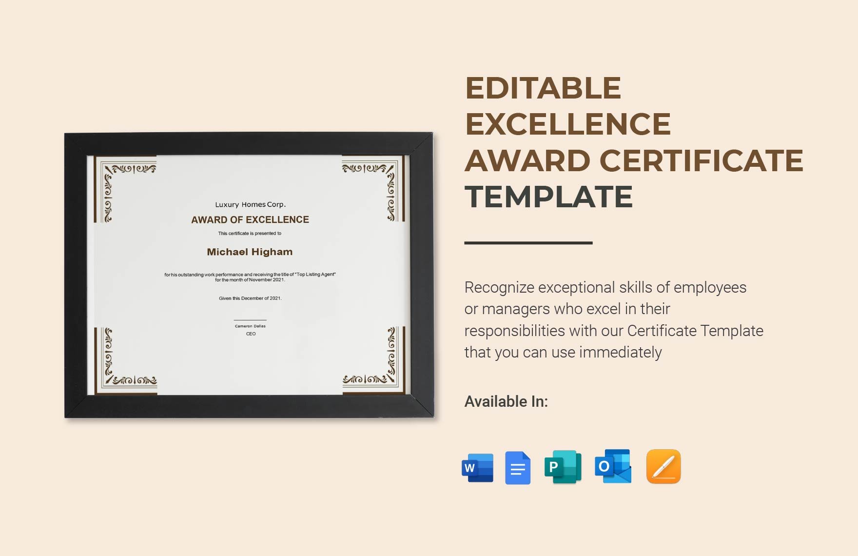 Editable Excellence Award Certificate Template