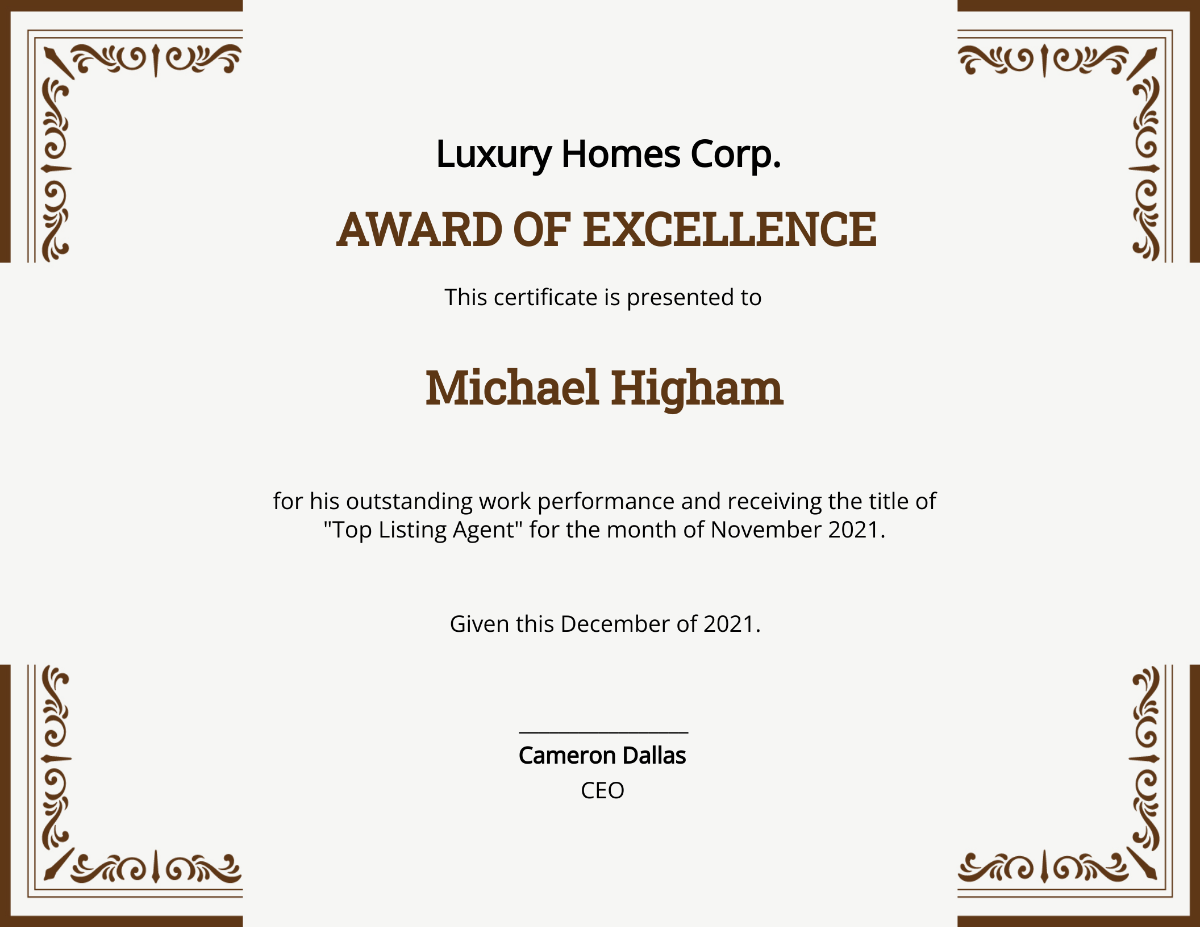 Editable Excellence Award Certificate Template