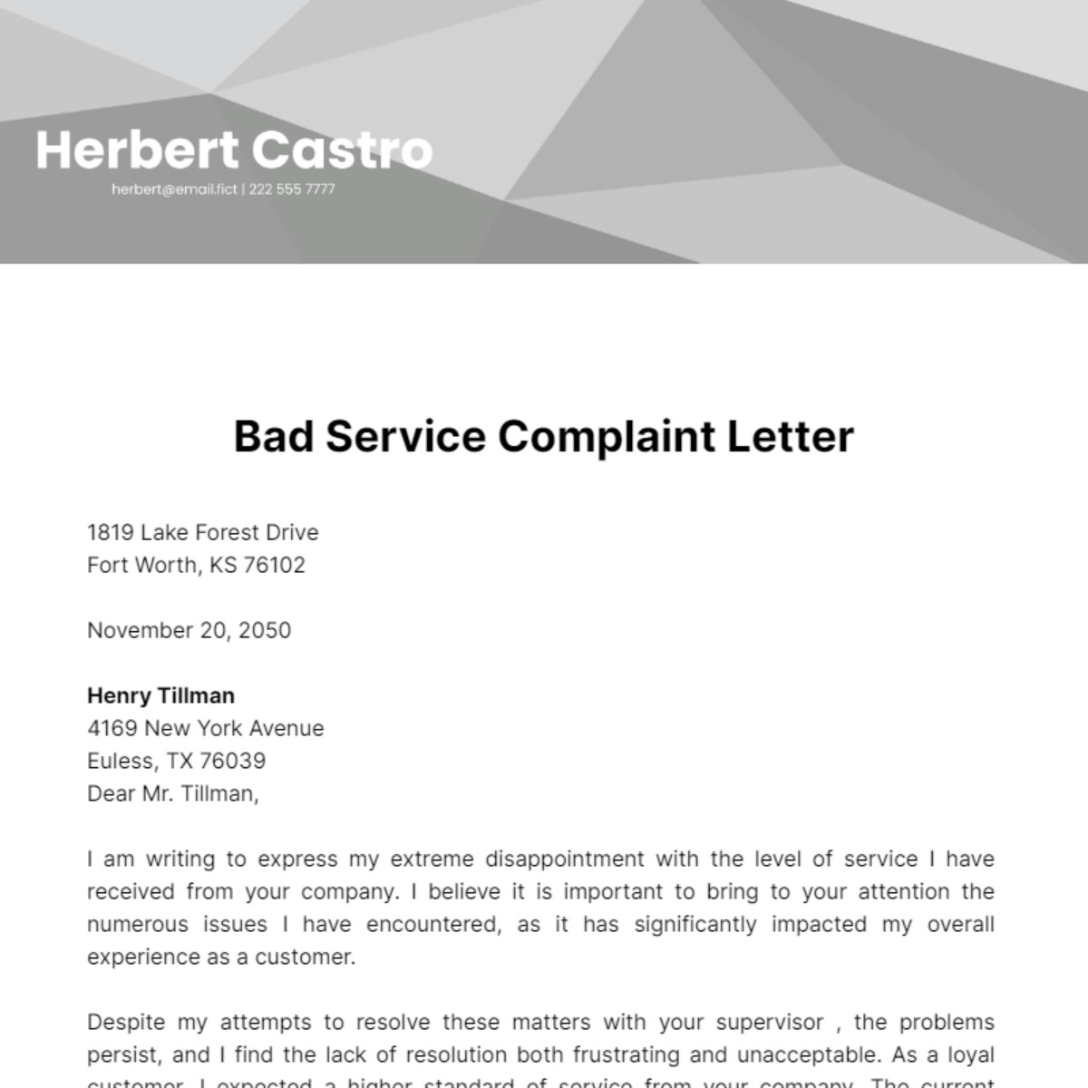 Bad Service Complaint Letter Template