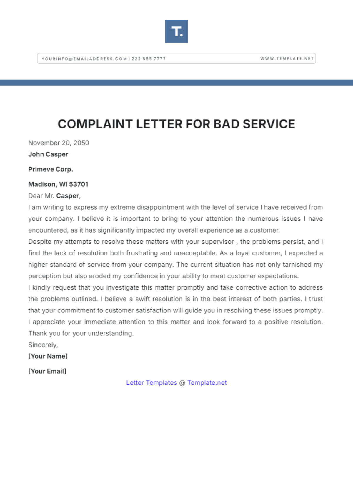 Complaint Letter for Bad Service Template