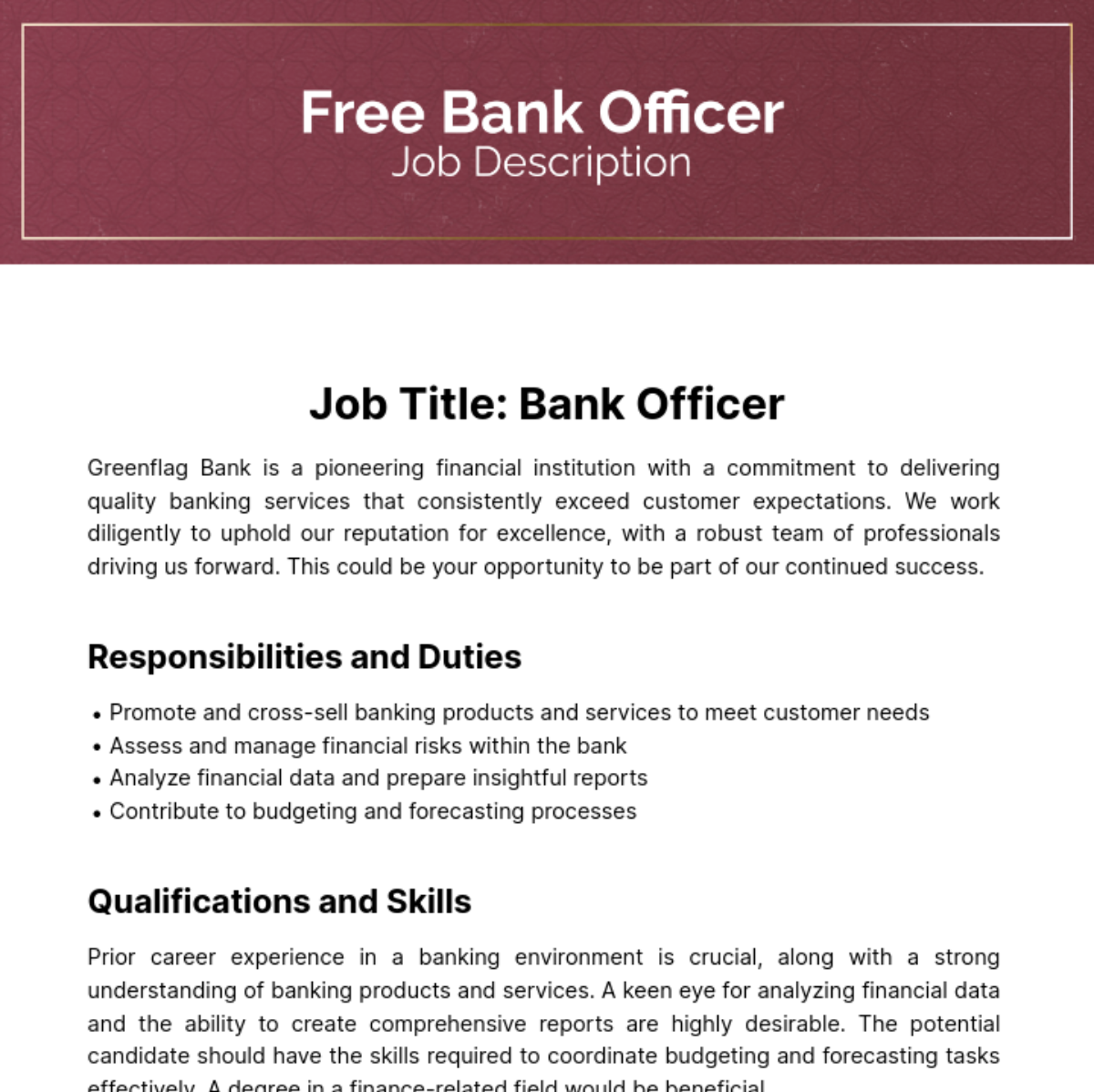 Bank Officer Job Description Edit Online 