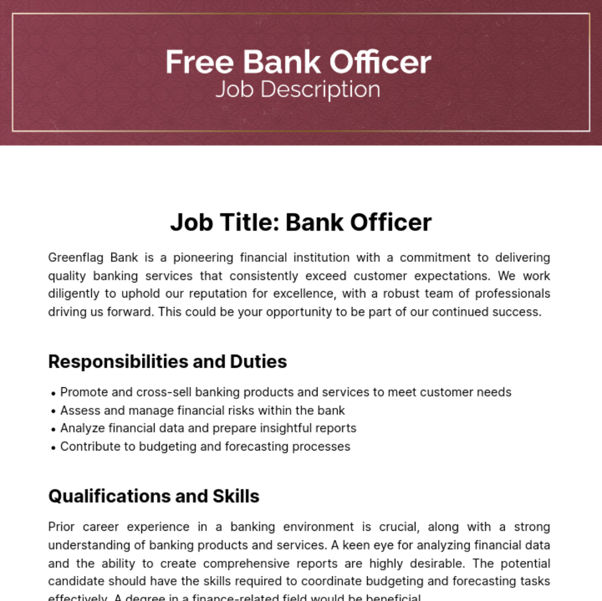 Bank Officer Job Description Template Edit Online Download Example 