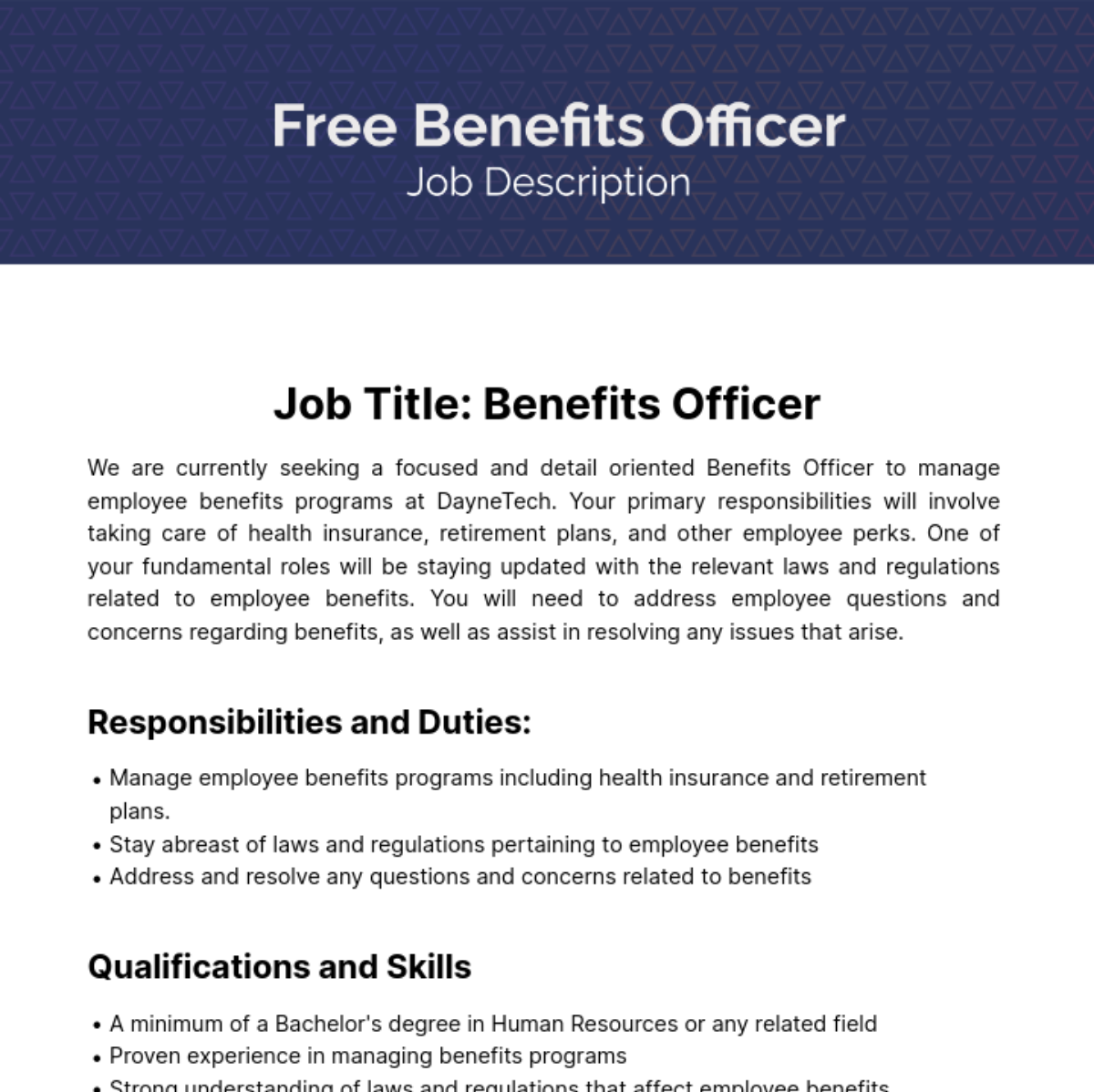 Benefits Officer Job Description Template