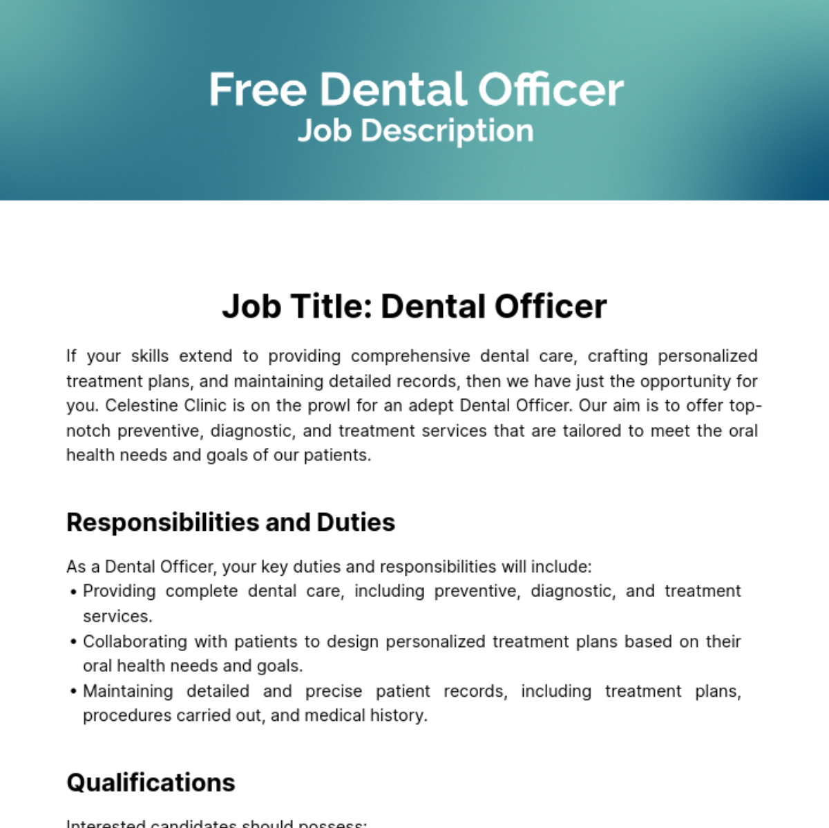 Dental Officer Job Description Template