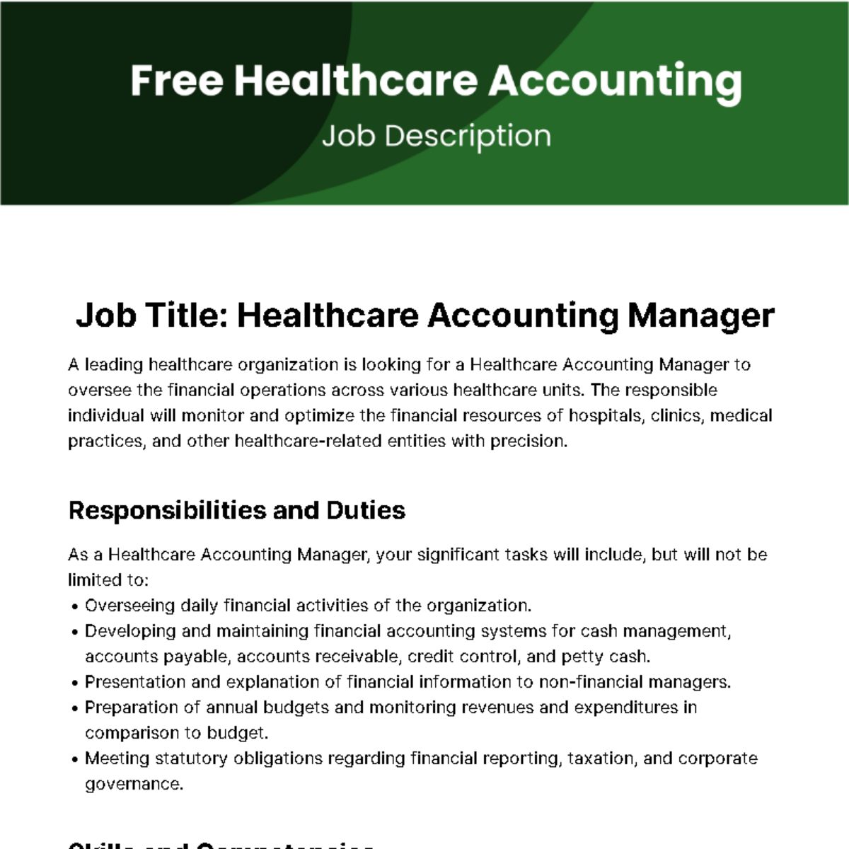 Healthcare Accounting Job Description Template