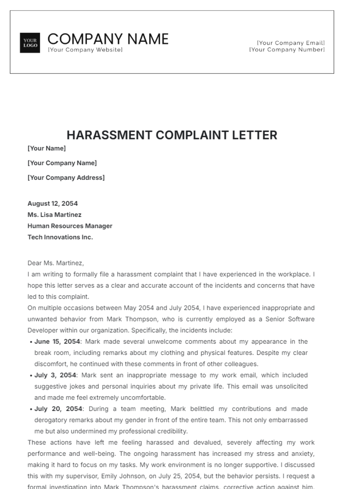 Harassment Complaint Letter Template