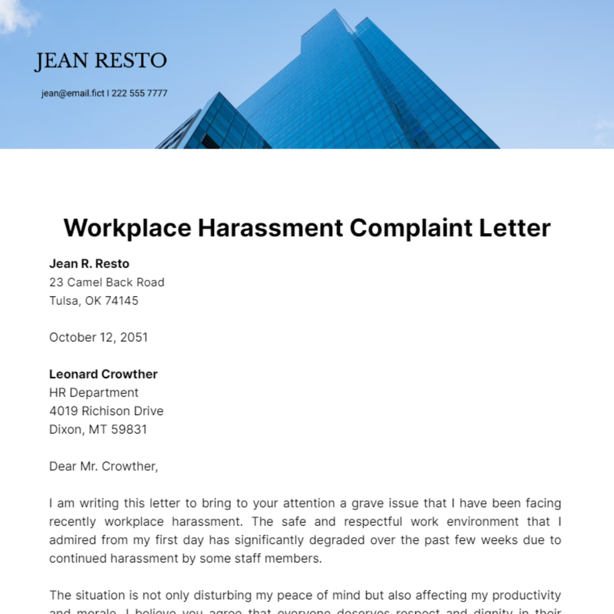 Workplace Harassment Complaint Letter Template