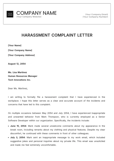 Free Harassment Complaint Letter Template to Edit Online