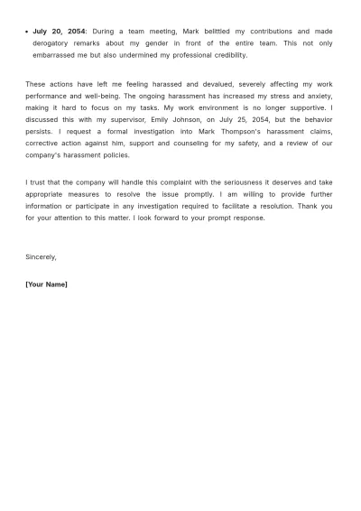 Free Harassment Complaint Letter Template to Edit Online