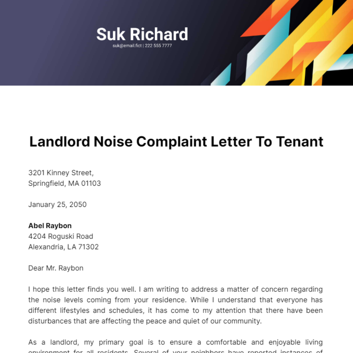 Landlord Noise Complaint Letter to Tenant Template
