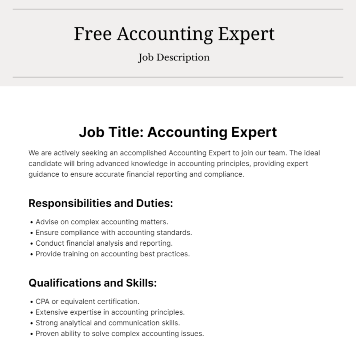 Accounting Expert Job Description Template
