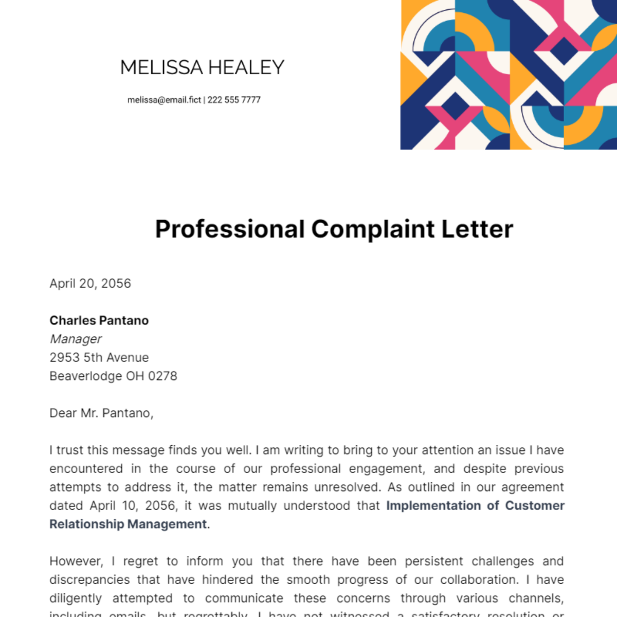 Professional Complaint Letter Template