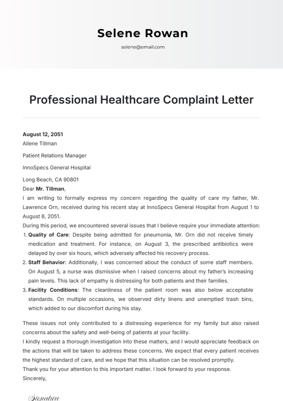 Professional Healthcare Complaint Letter Template - Edit Online & Download