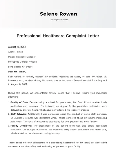 Free Professional Healthcare Complaint Letter Template to Edit Online