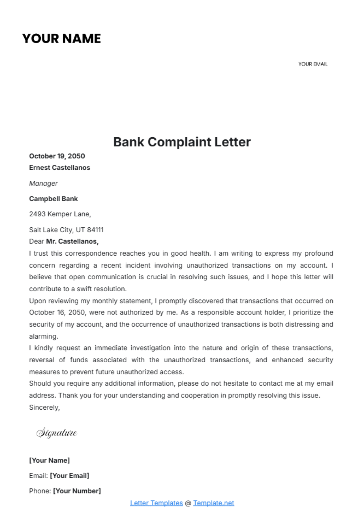 Bank Complaint Letter Template