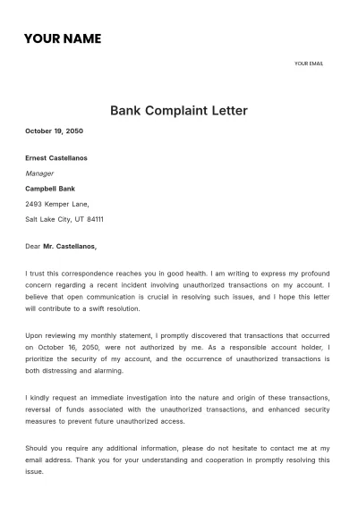Free Bank Complaint Letter Template to Edit Online