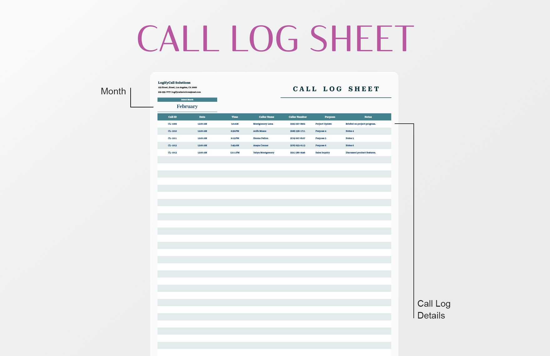Call Log Sheet Template