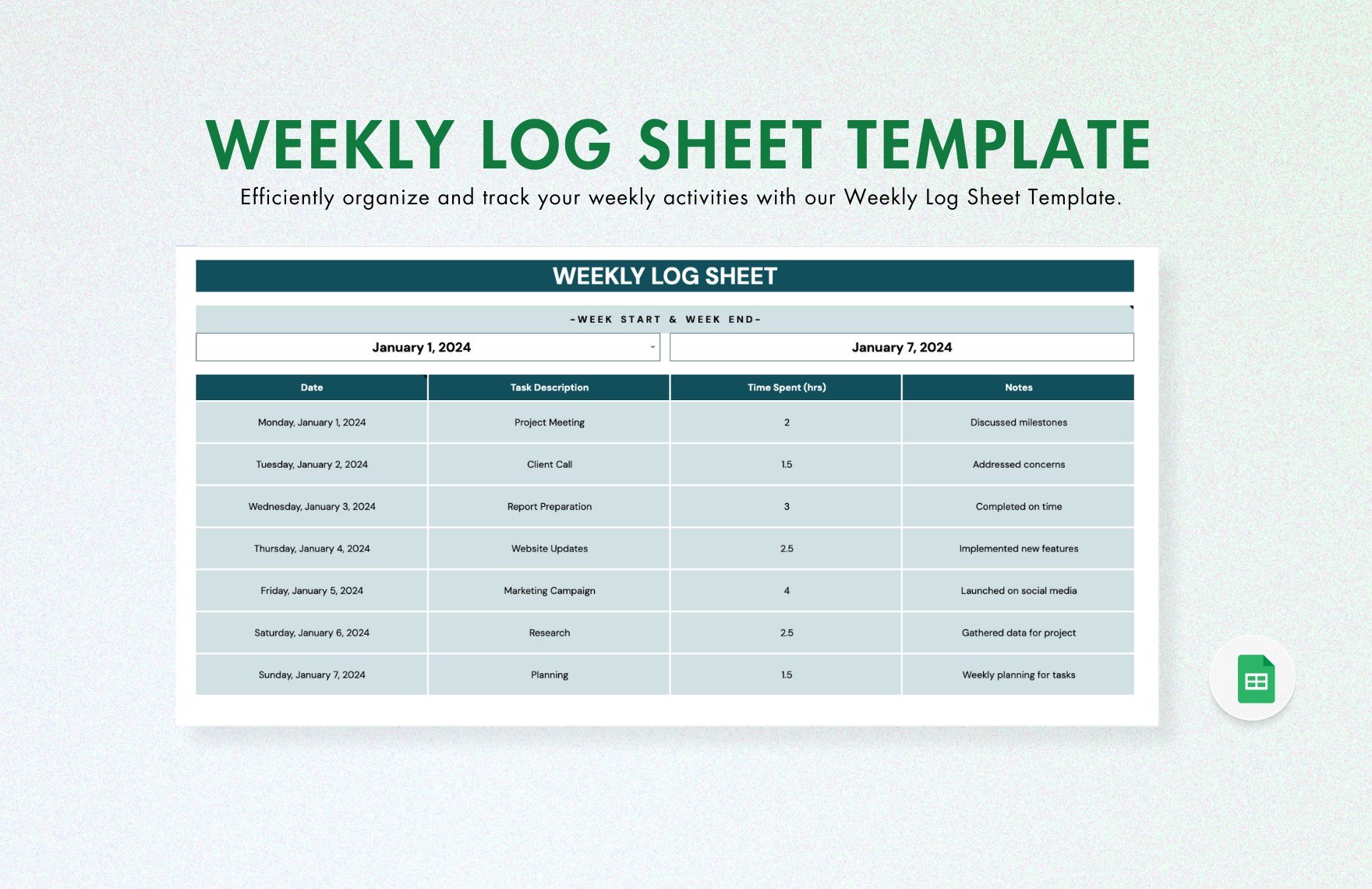 Weekly Log Sheet Template