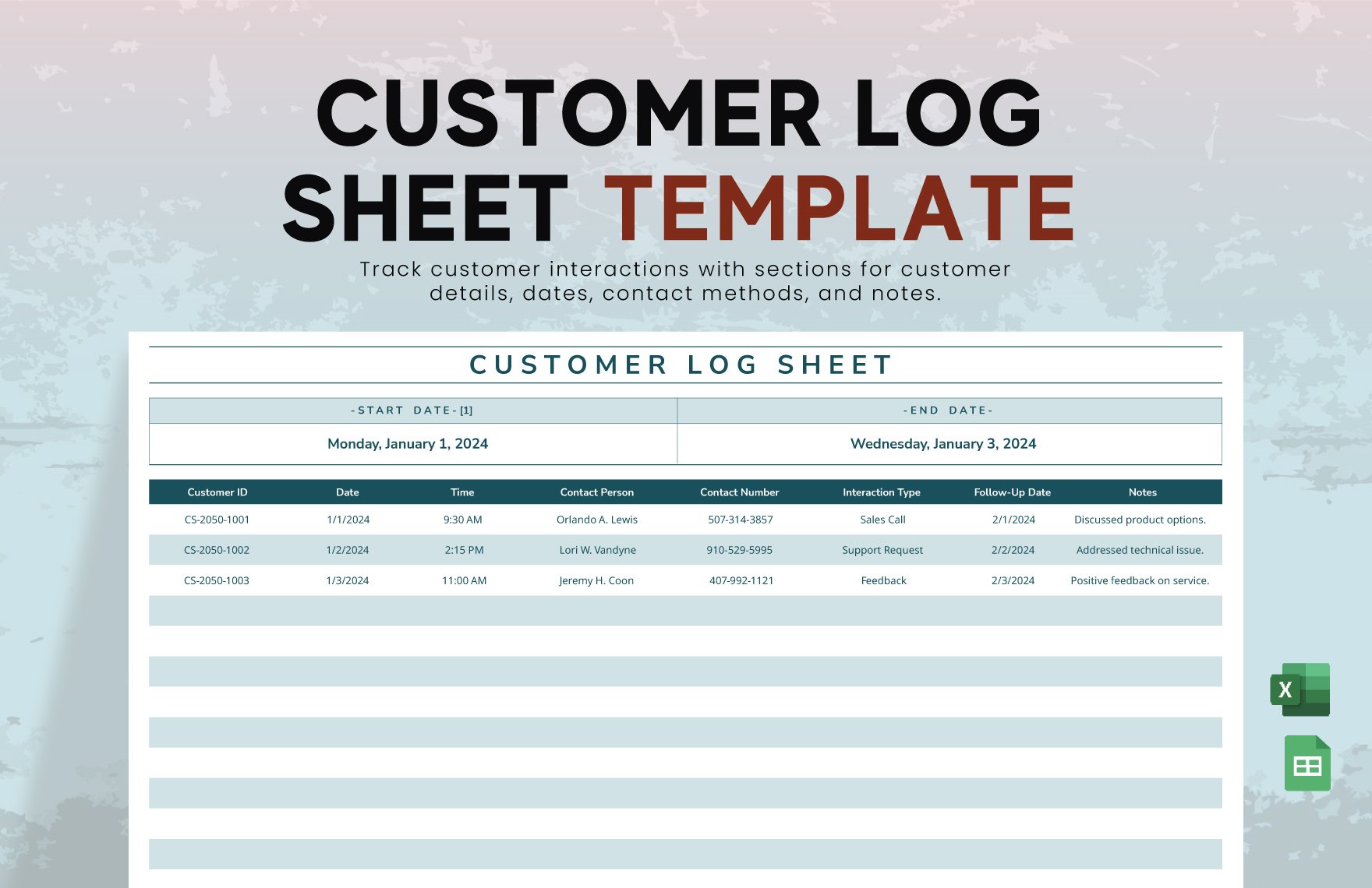 Customer Log Sheet Template in Excel, Google Sheets