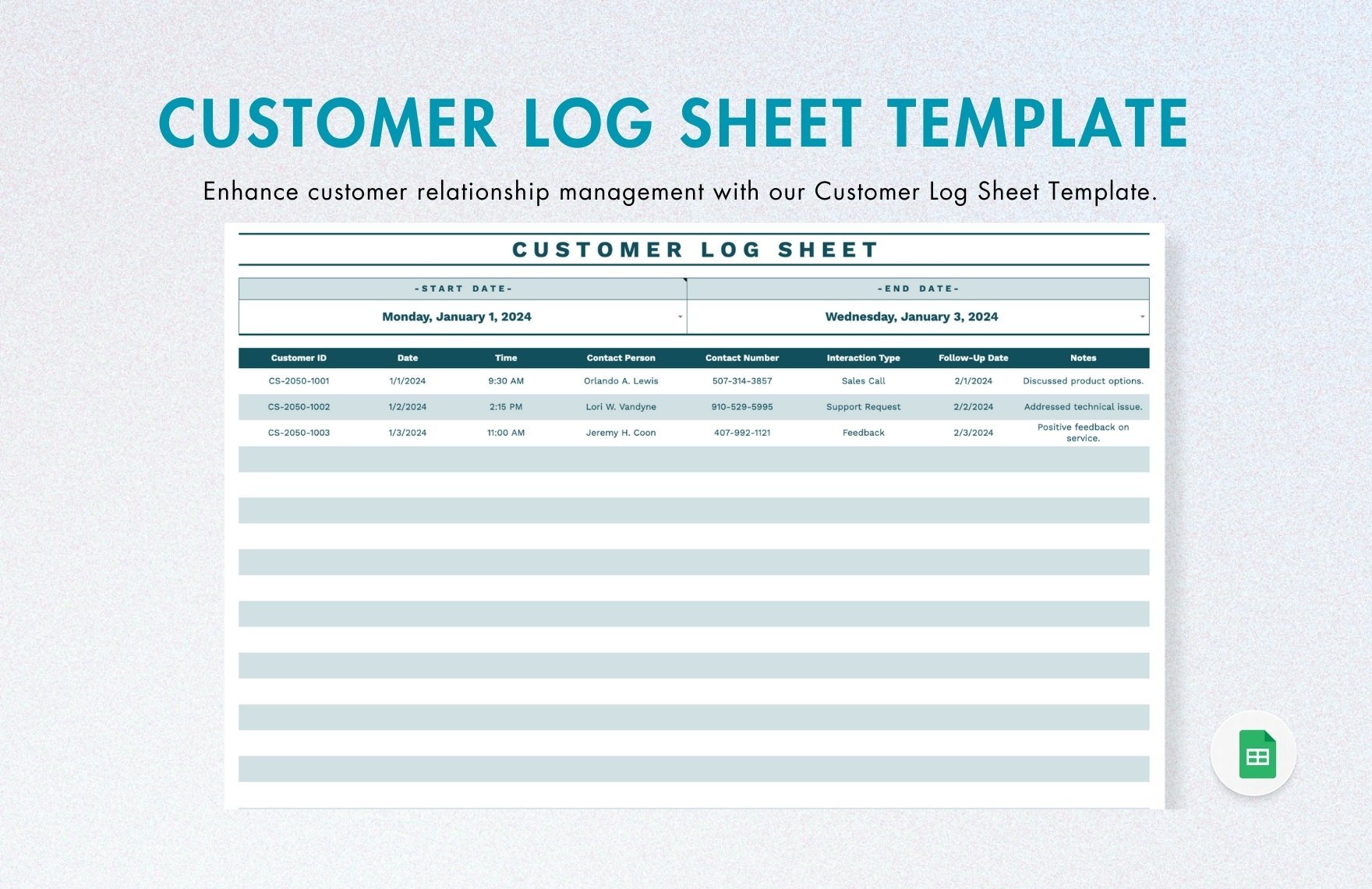 Customer Log Sheet Template