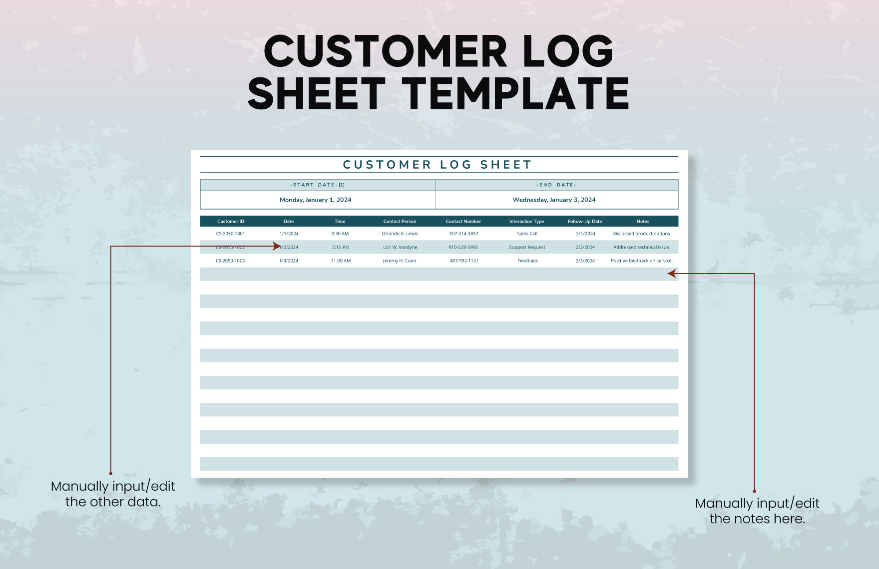 Customer Log Sheet Template