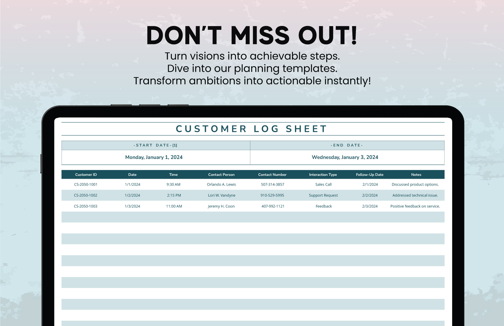 Customer Log Sheet Template