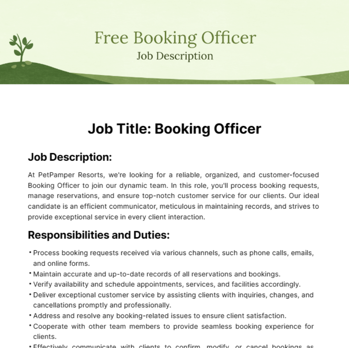 Booking Officer Job Description Template