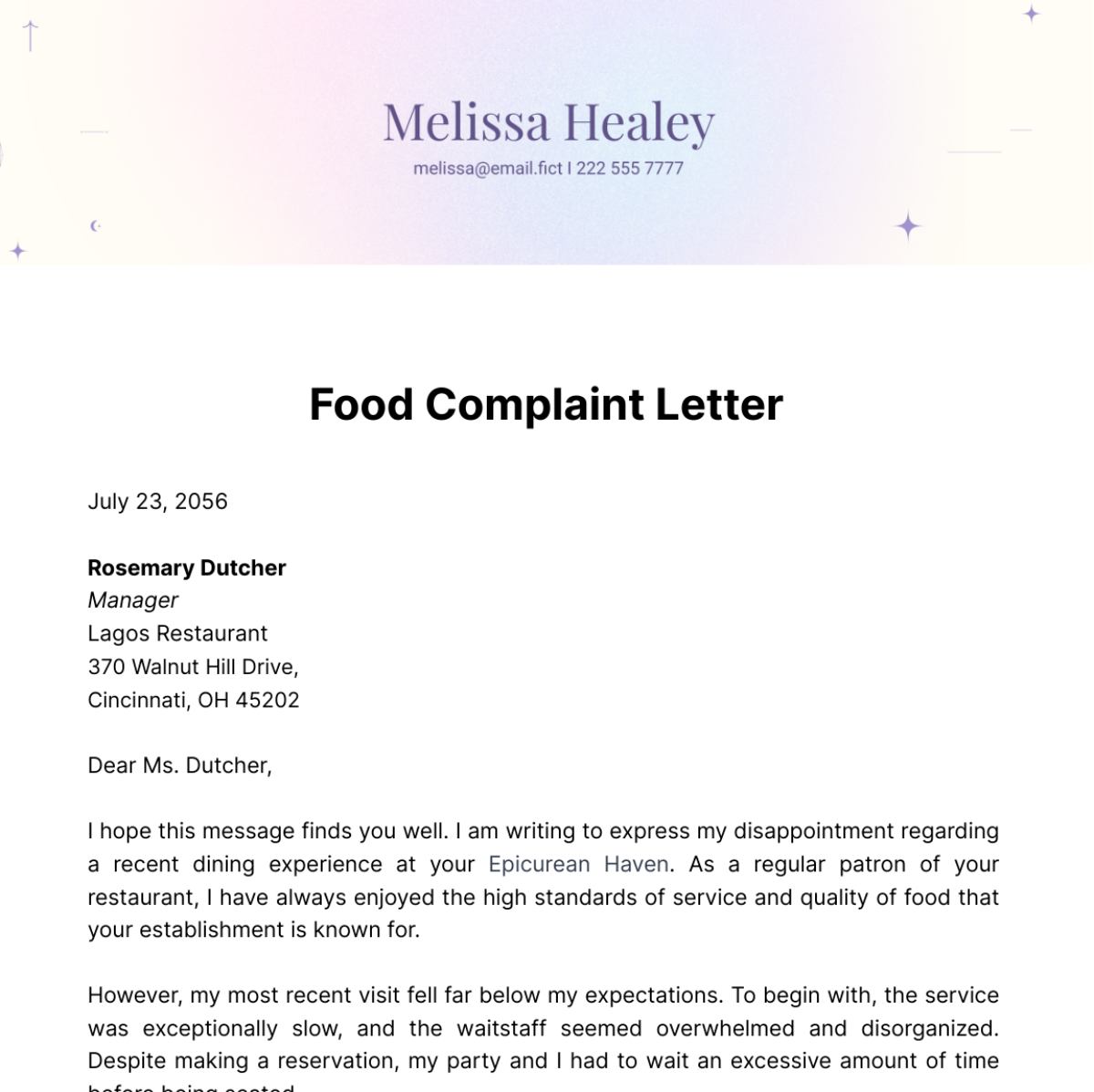 Food Complaint Letter Template