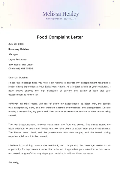 Free Food Complaint Letter Template to Edit Online