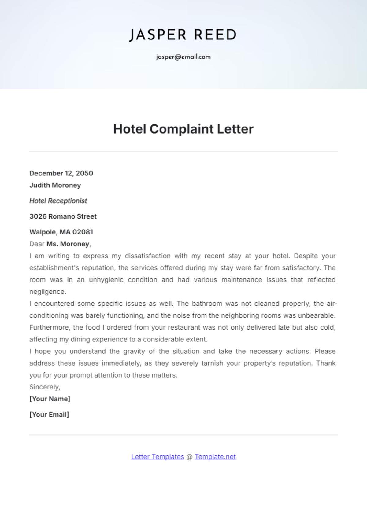 Hotel Complaint Letter Template - Edit Online & Download