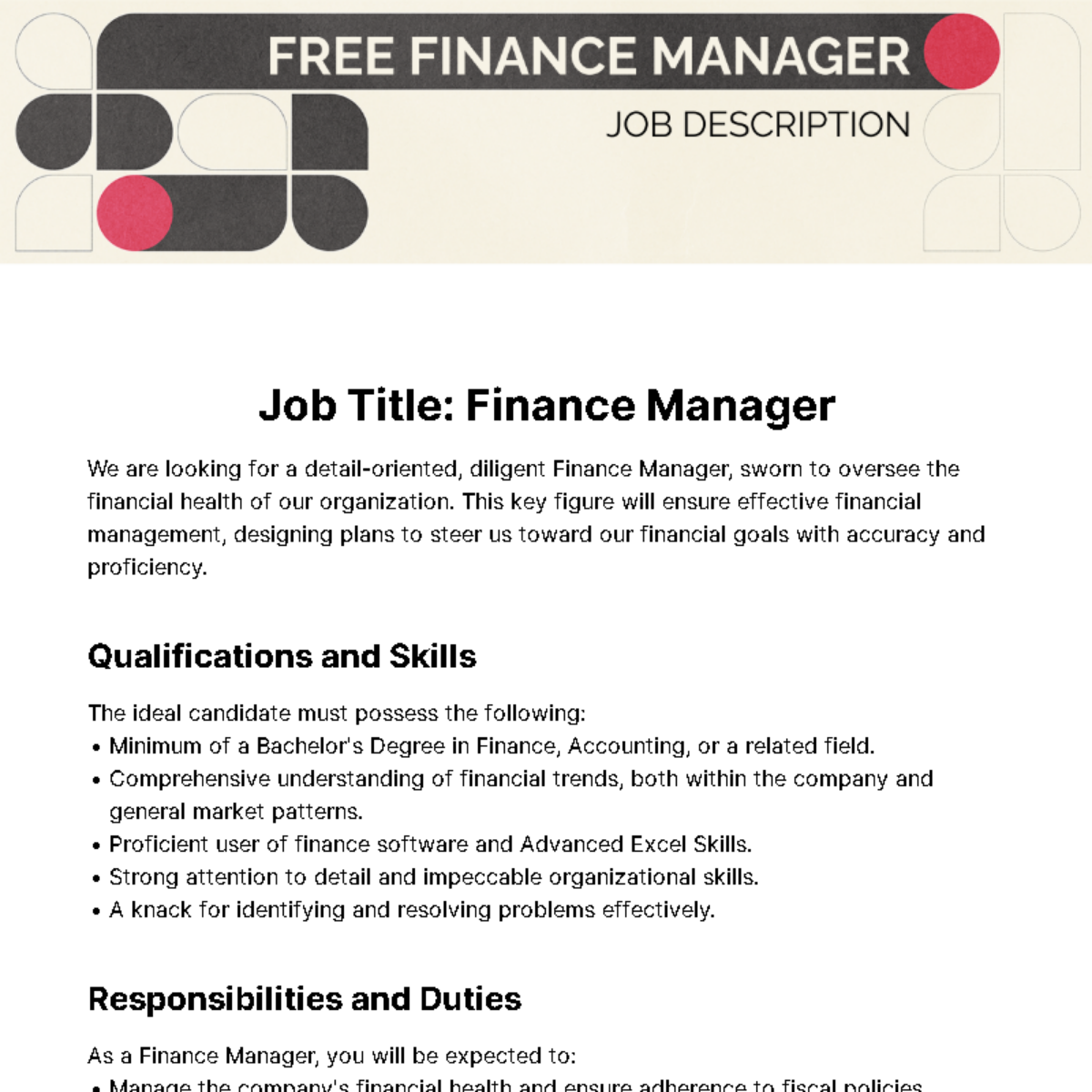 Finance Manager Job Description Template