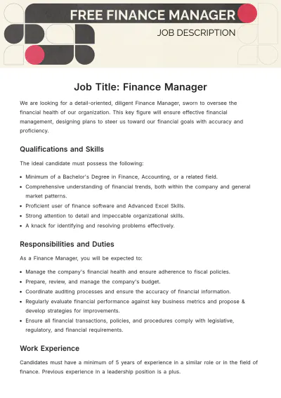 Free Finance Manager Job Description Template to Edit Online