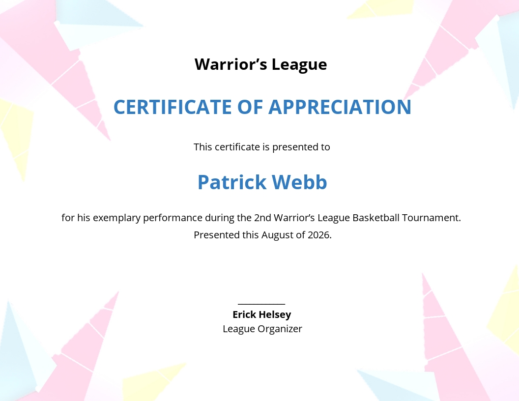 Free Player Appreciation Certificate Template - Word, Outlook