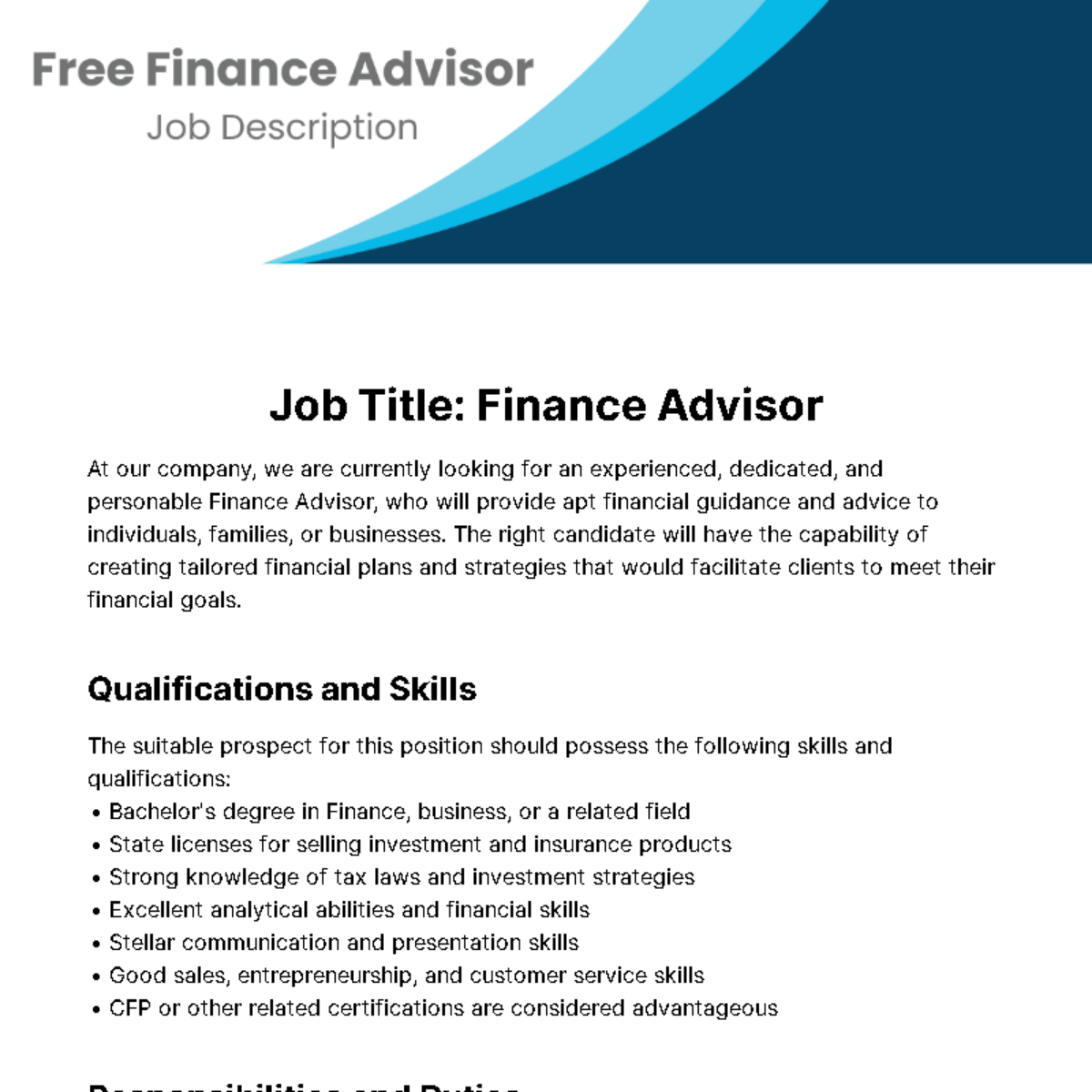 Finance Advisor Job Description Template