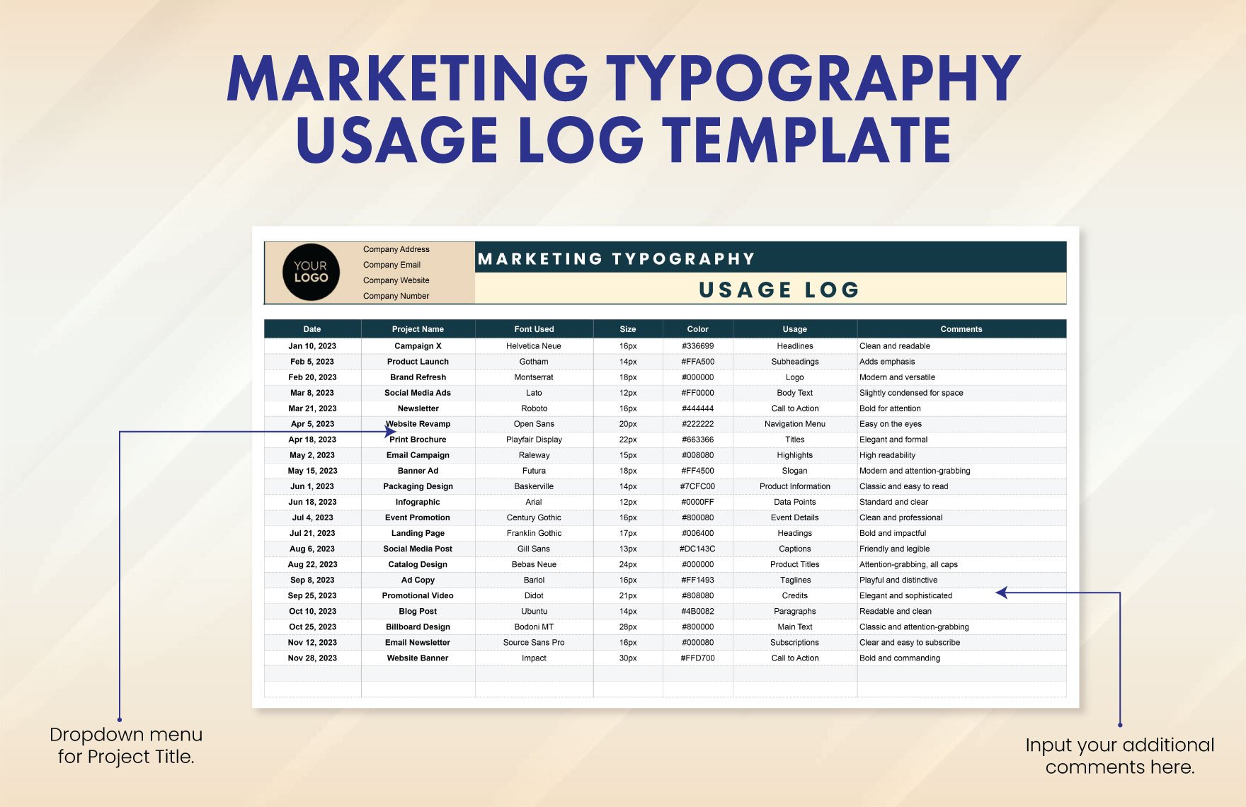 Marketing Typography Usage Log Template