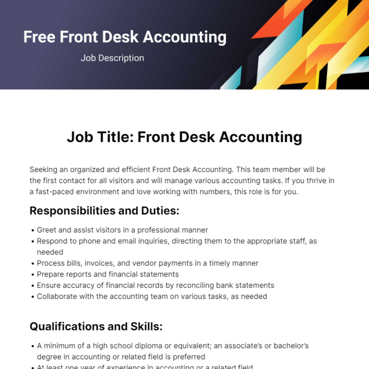 Front Desk Accounting Job Description Template