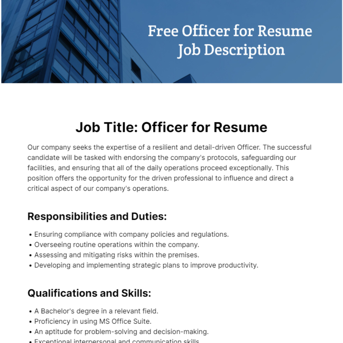Officer Job Description for Resume Template