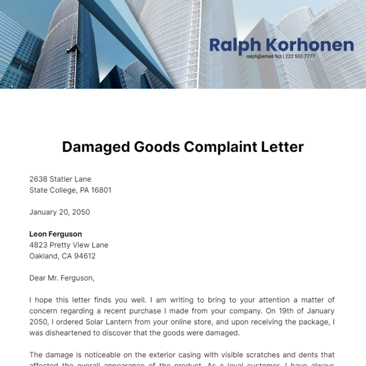 Damaged Goods Complaint Letter Template