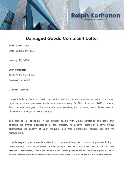Free Damaged Goods Complaint Letter Template to Edit Online