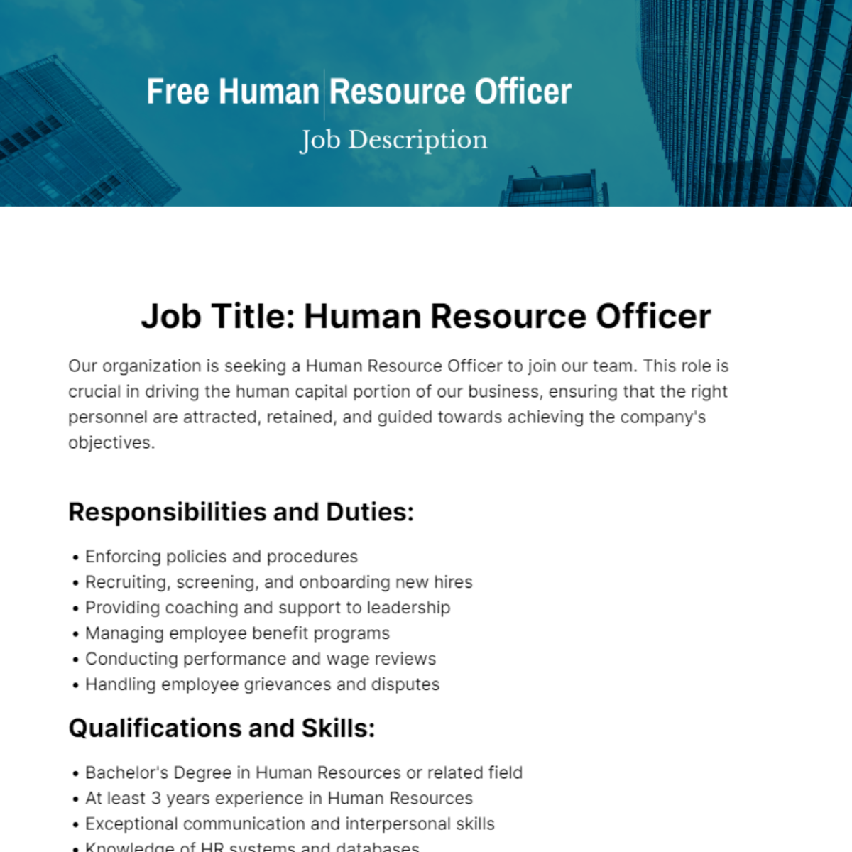 Human Resource Officer Job Description Template