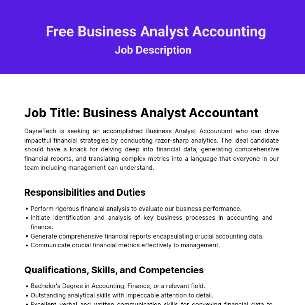 Business Analyst Accounting Job Description Template