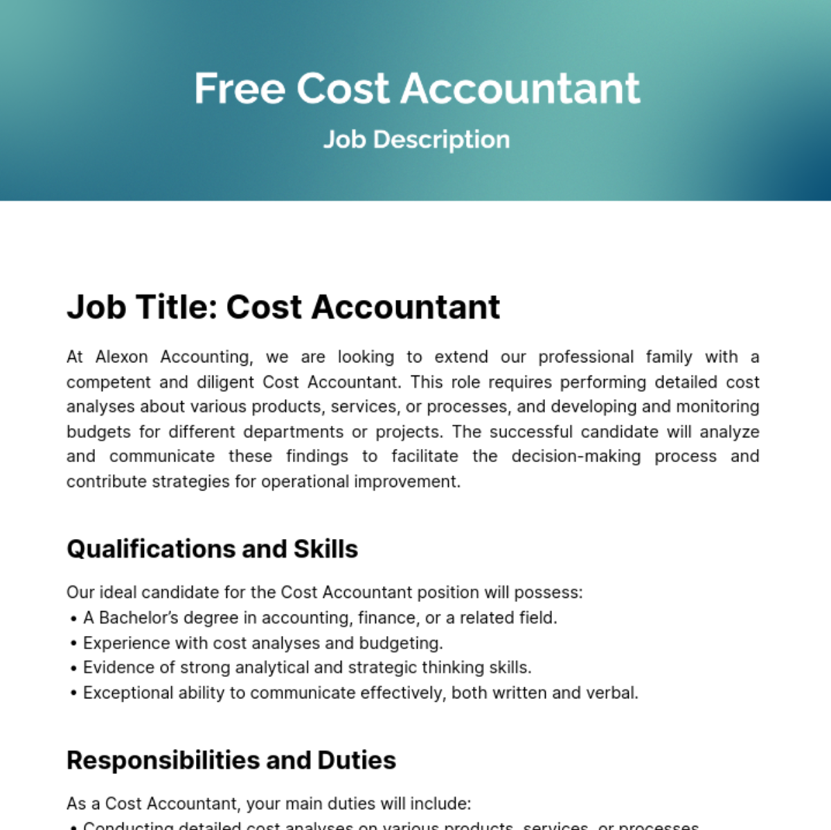 Cost Accounting Job Description Template